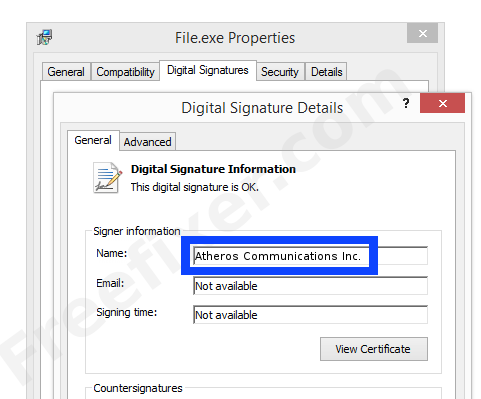 Screenshot of the Atheros Communications Inc. certificate